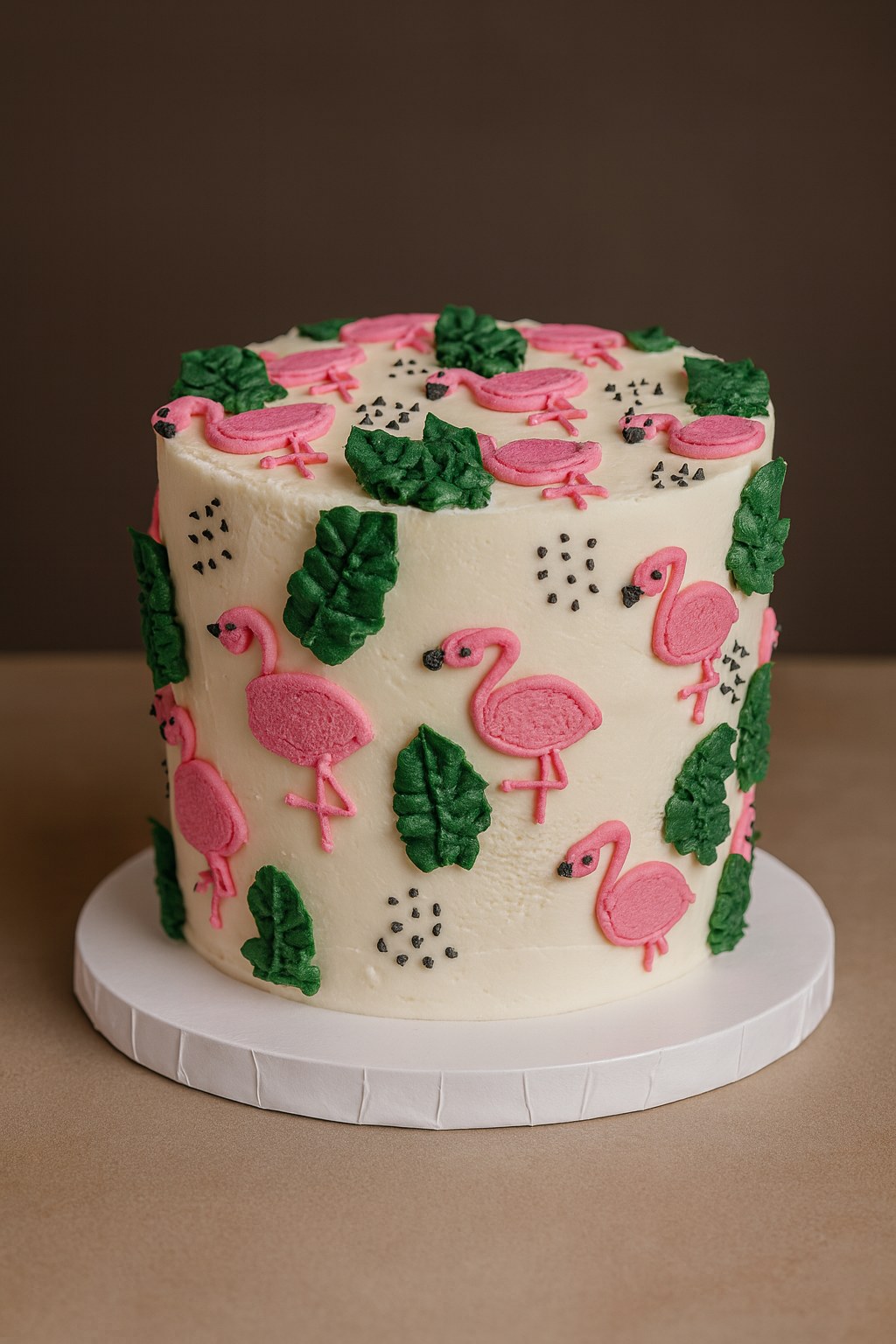 Custom flamingo cake with tropical leaves